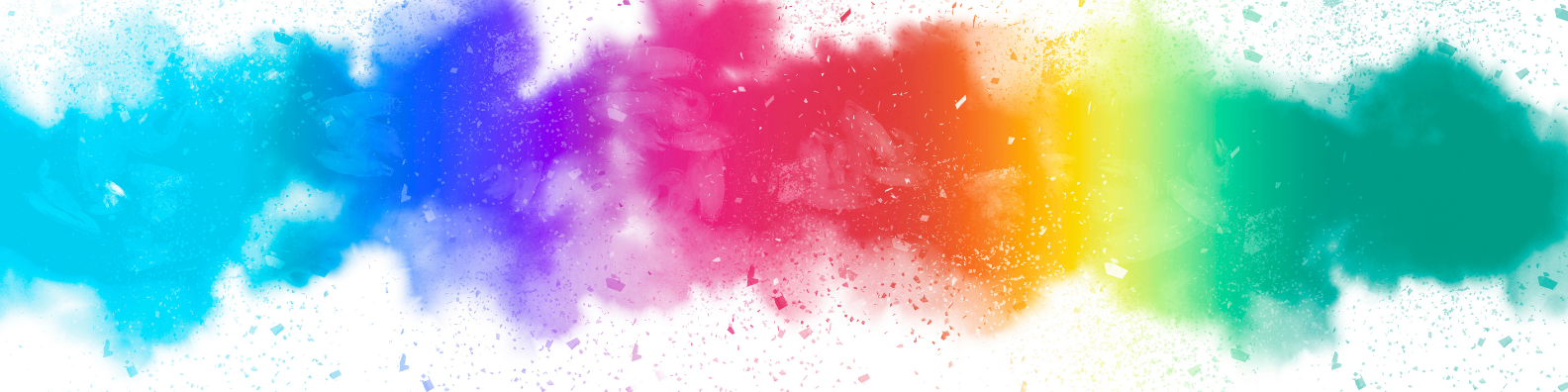 Colorful powder explosion in rainbow spectrum from blue to green with confetti particles.