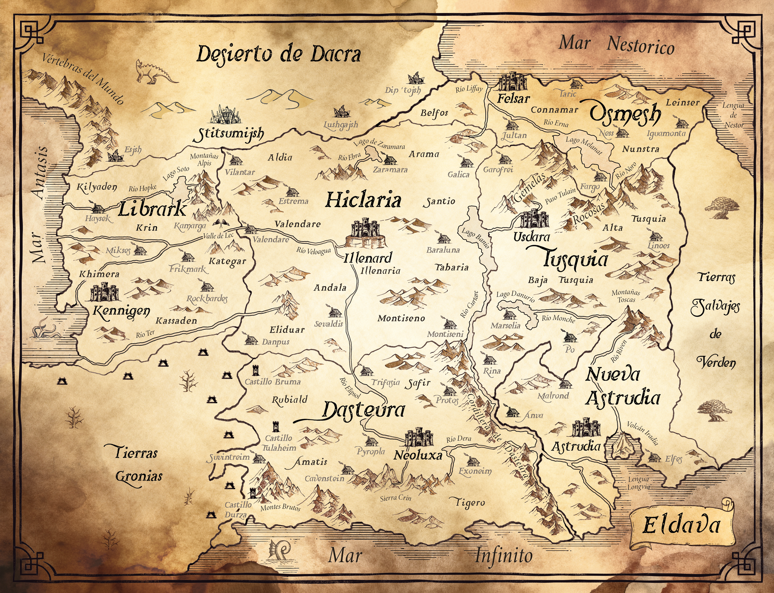 Mapa de Eldava, mundo de fantasía de la novela El Devorador de Virtud de Xavier Camarasa