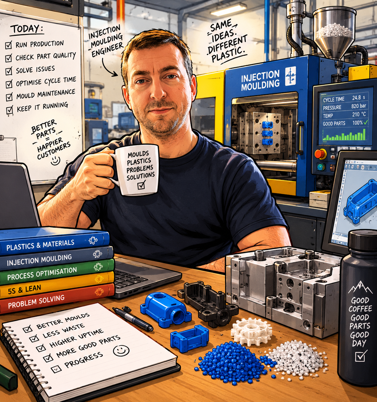 A man in a workshop holding a mug that reads "moulds plastics problems solutions," sitting at a table with various plastic and mechanical parts, a laptop, and a notebook with checklists about moulding and process improvements. In the background, a whiteboard lists daily goals related to production and quality, and a machine labeled 'Injection Moulding' displays operational data.