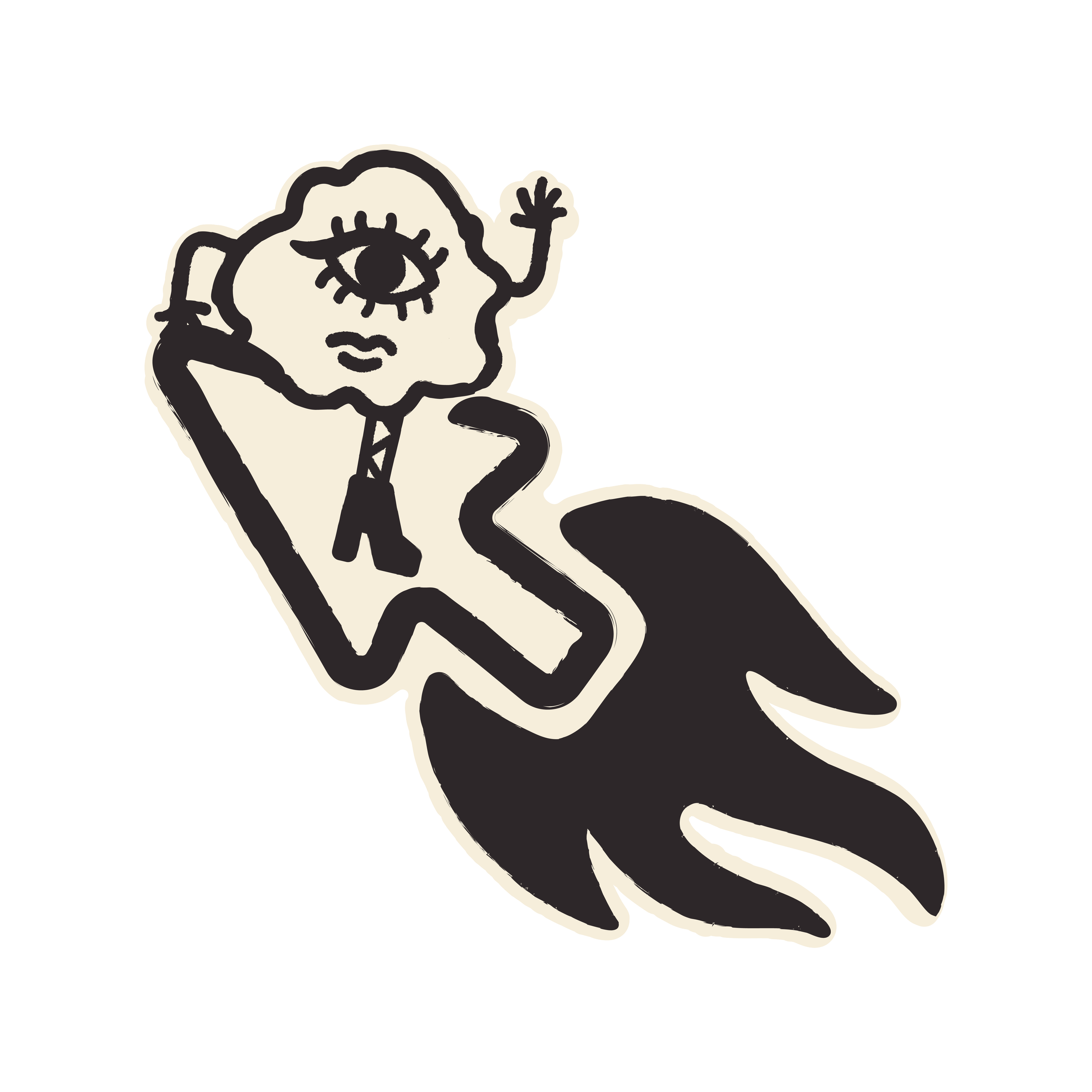 Cartoon character with one eye, holding a phone, sitting on a large black shape resembling a whale, with bold outlines and simple shading.