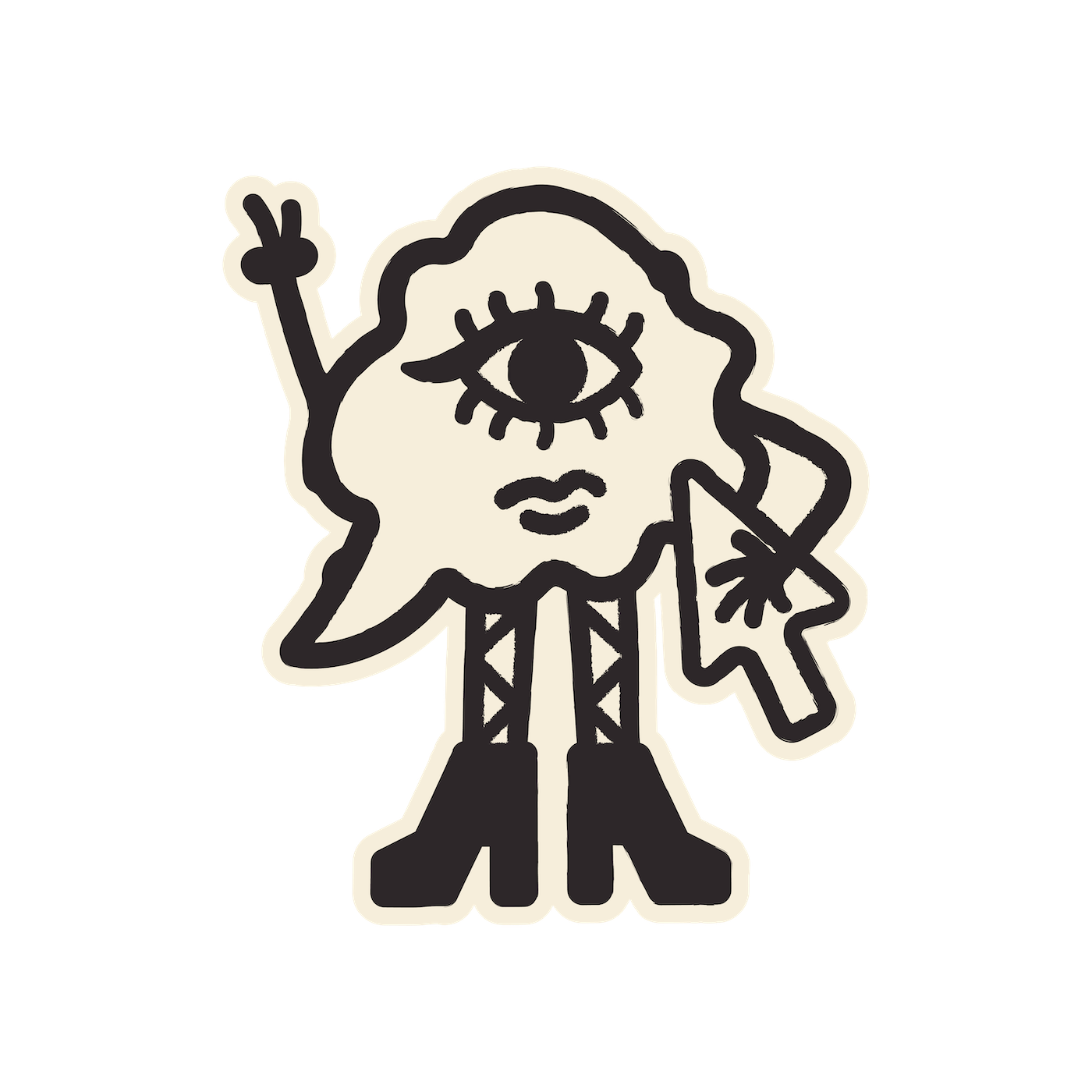 A stylized graphic of a female figure with one large eye, holding a star-shaped wand and making a peace sign with her hand.