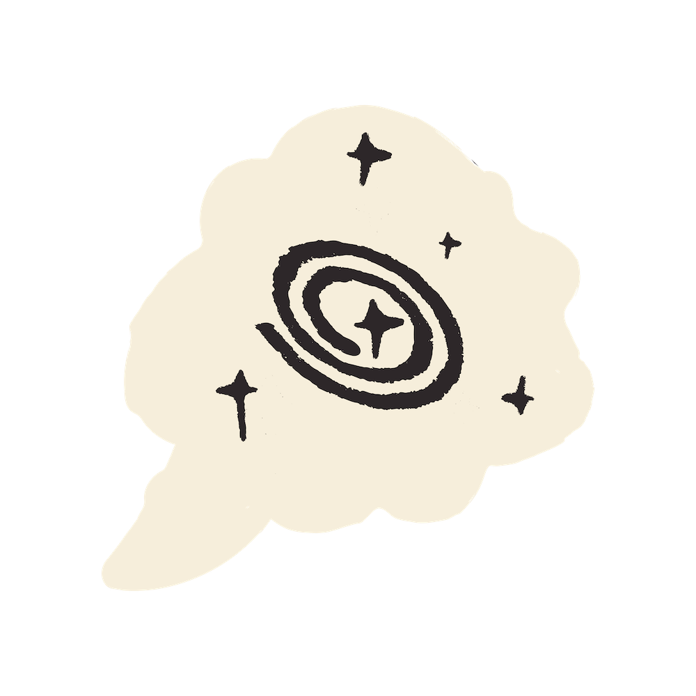 Cartoon text bubble with a galaxy drawing and stars inside.
