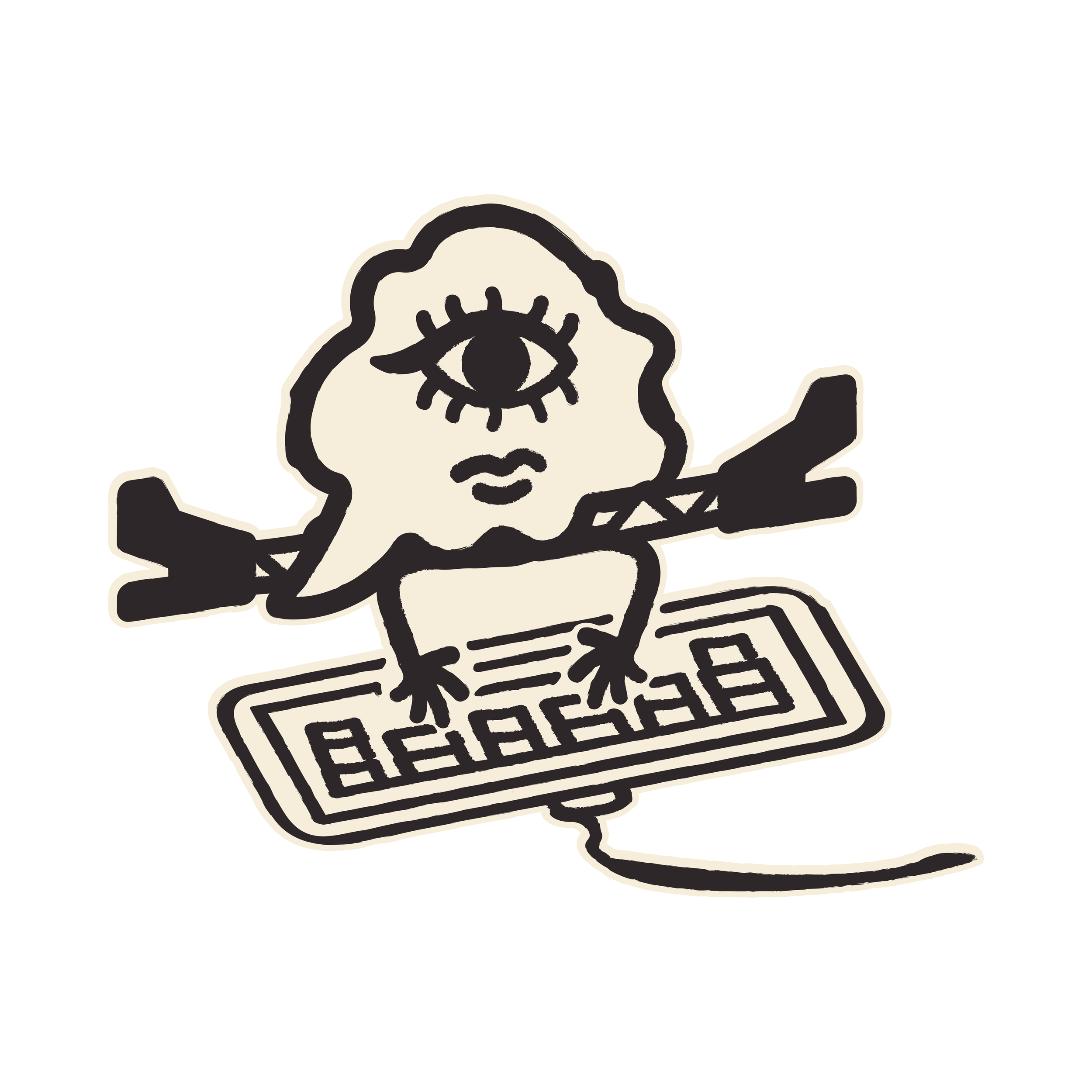 A stylized drawing of a creature with a single large eye and a human face, holding a computer keyboard while sitting at a desk.