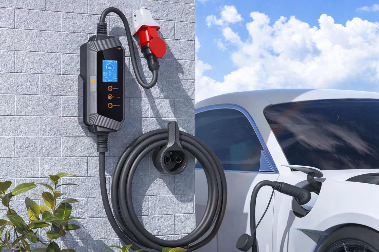 Ladestation für Elektroautos mit angeschlossenem Fahrzeug, sky mit Wolken im Hintergrund.