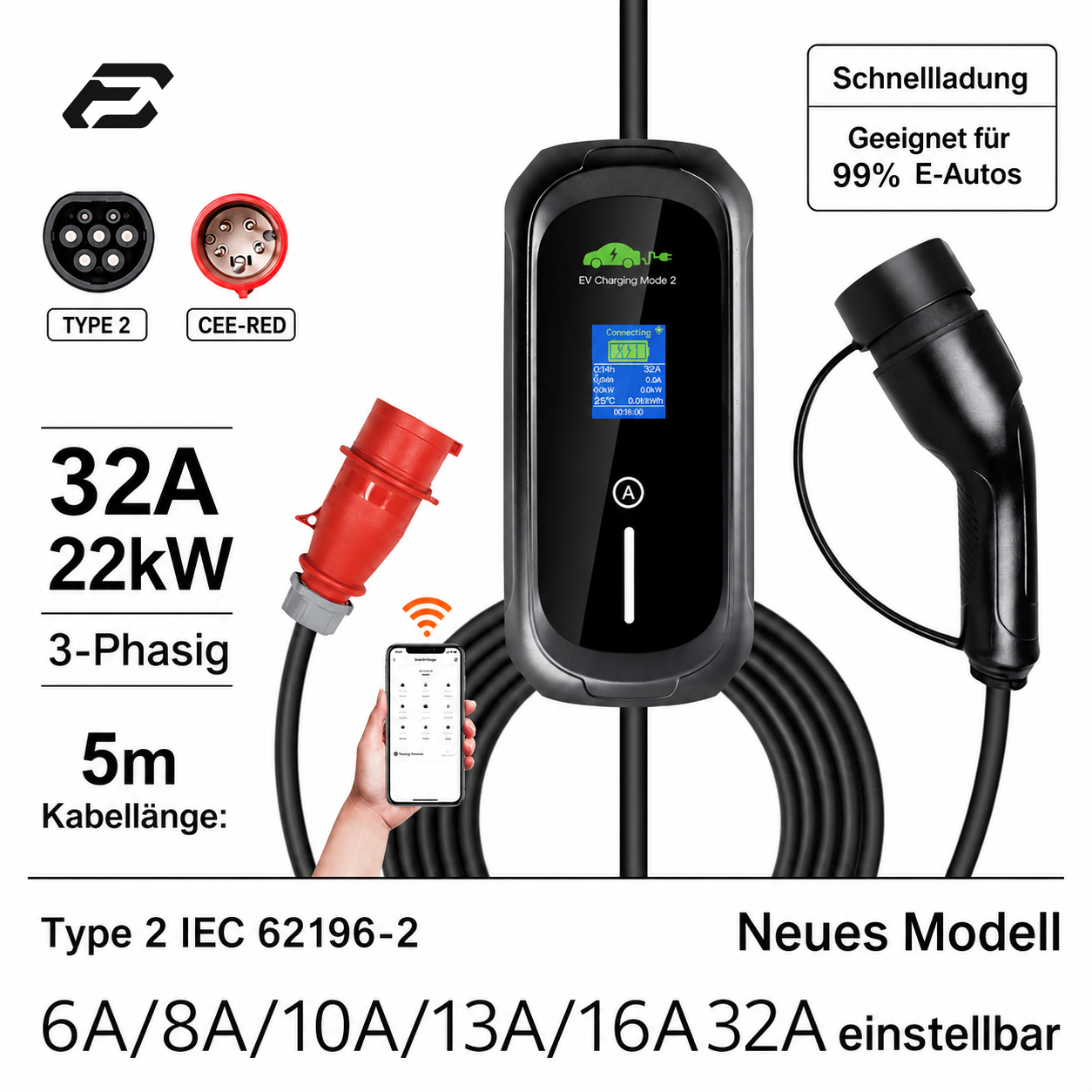Mobile Wallbox 22 kW Typ 2 – CEE 32A, mit App