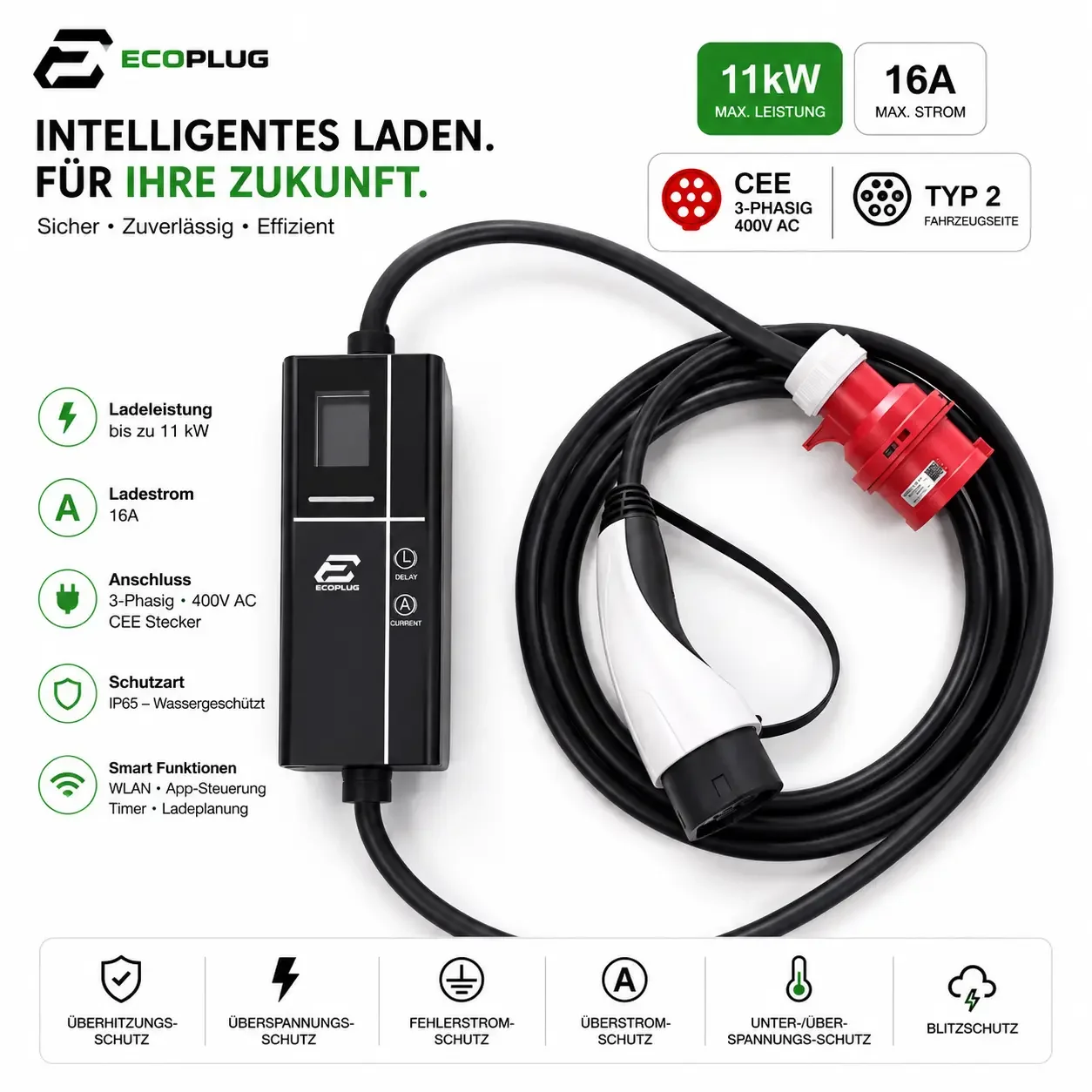 Mobiles EV Ladegerät Typ 2 11 kW | 16A | 3-phasig
