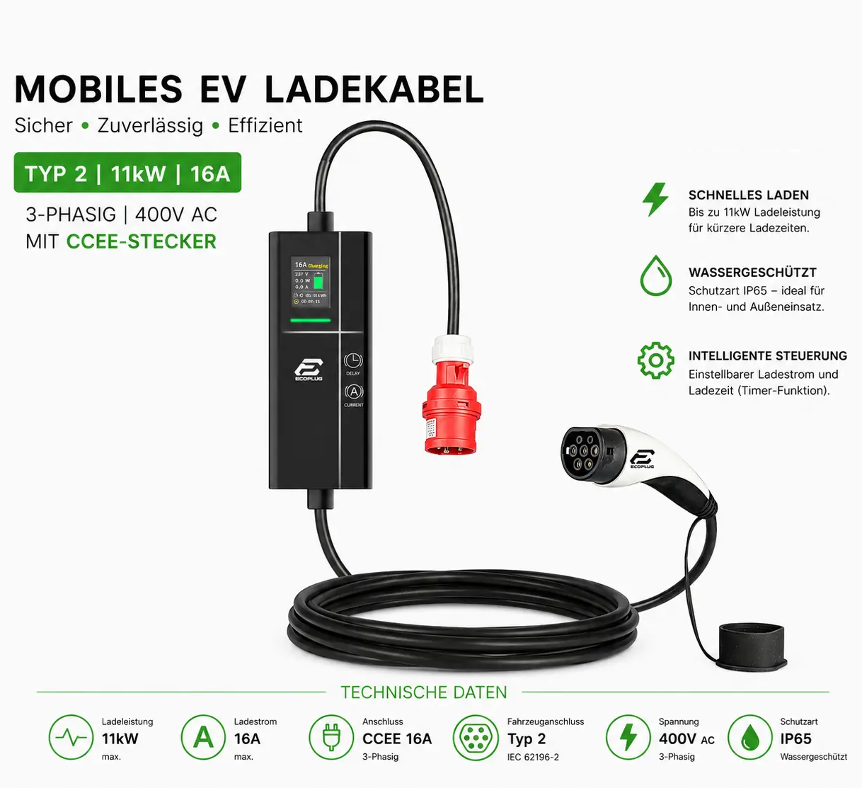 Mobiles EV Ladegerät Typ 2 11 kW | 16A | 3-phasig