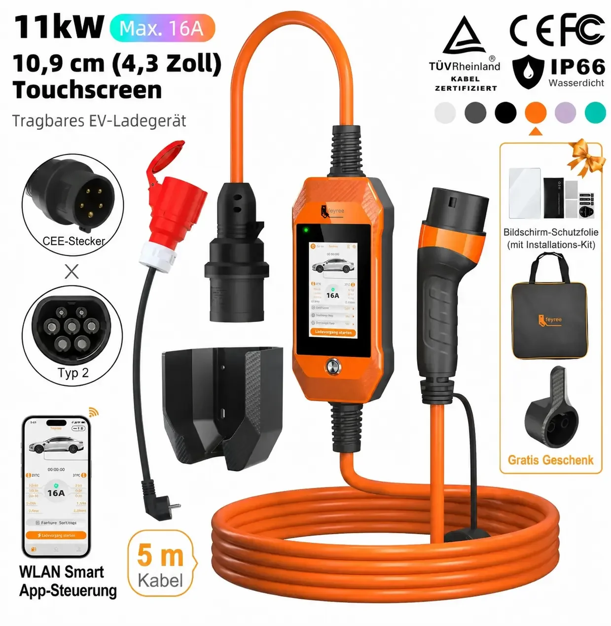 Feyree Smart Mobile Ladestation 11kW Typ 2 mit Touchscreen & App