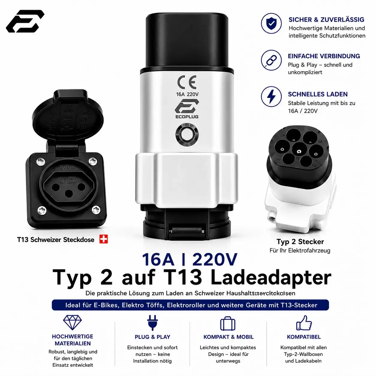 Ladeadapter Typ 2 auf T13-Steckdose  16A | 230V | ECOPLUG