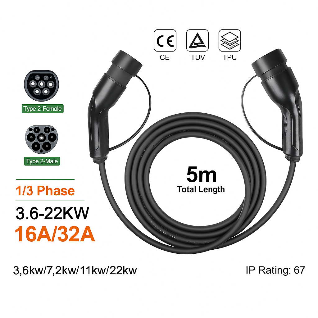 Typ 2 zu Typ 2 EV-Ladekabel 11 kW 16A 3P für Elektrofahrzeuge