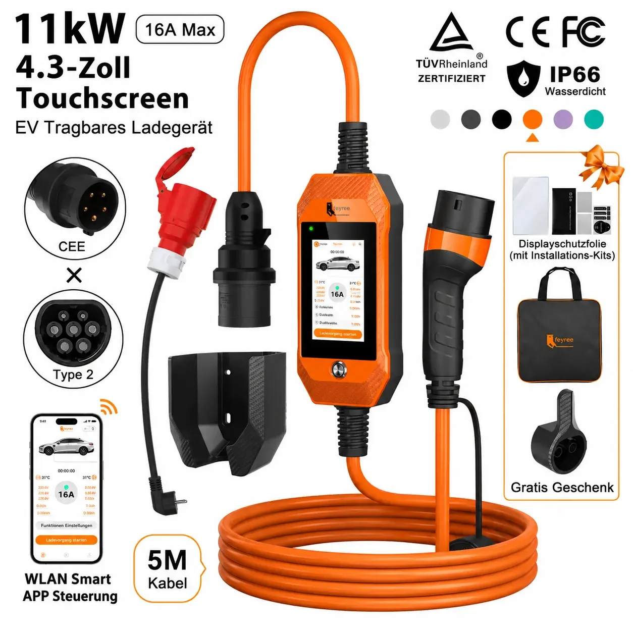 Feyree Smart Mobile Ladestation 11kW Typ 2 mit Touchscreen & App