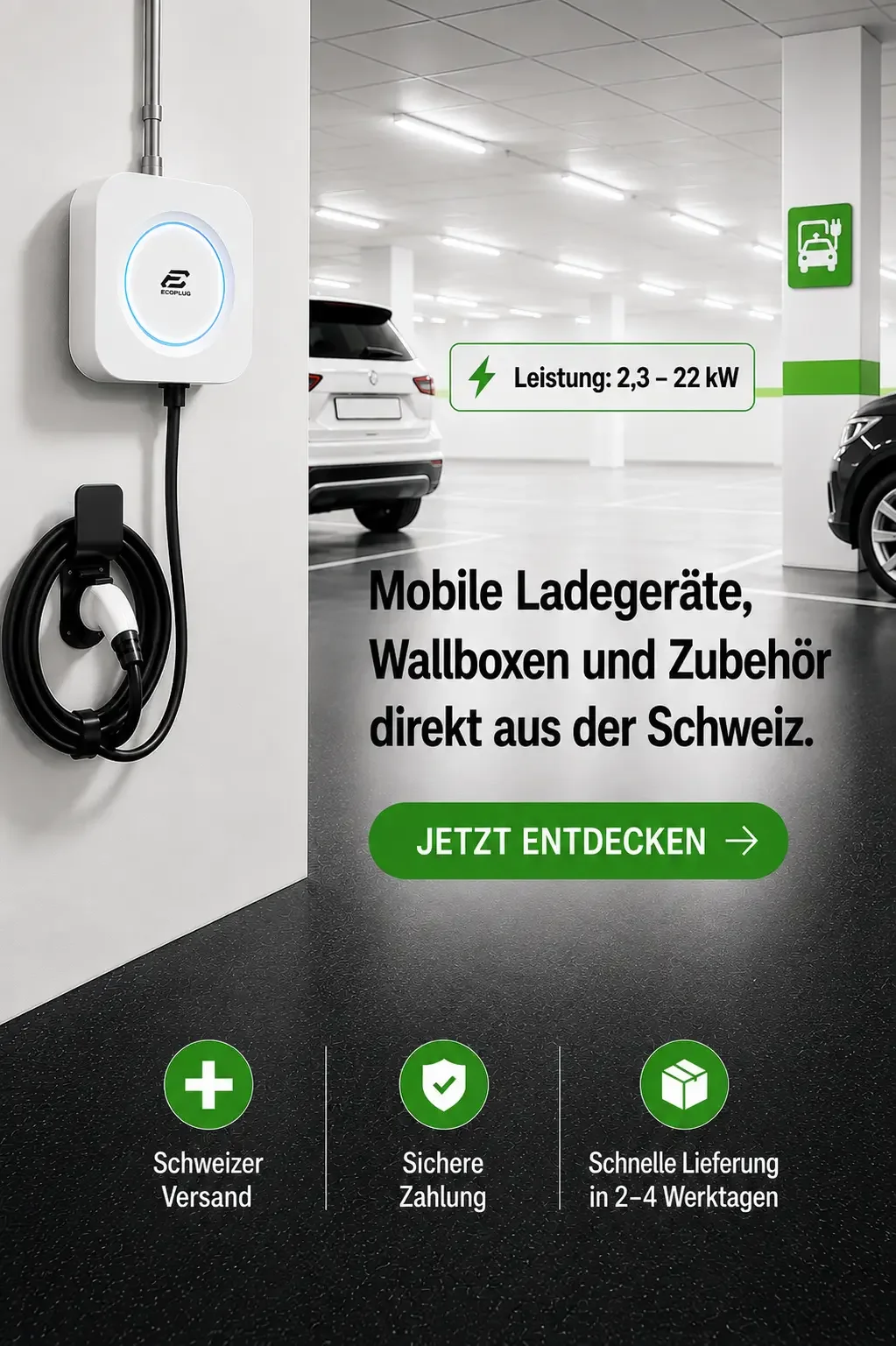 Eingebautes Ladekabel an der Wand in einer Parkgarage, um Elektrofahrzeuge aufzuladen, mit Text über mobile Ladegeräte, Wallboxen und Zubehör aus der Schweiz.