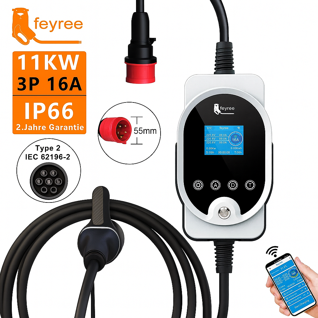 Feyree Typ 2 Portables EV Ladegerät 11 kW, 16 A