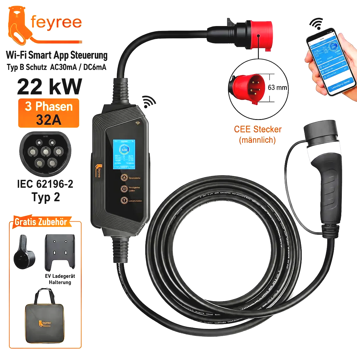 Mobile Wallbox 22 kW Typ 2 – CEE 32A, mit App