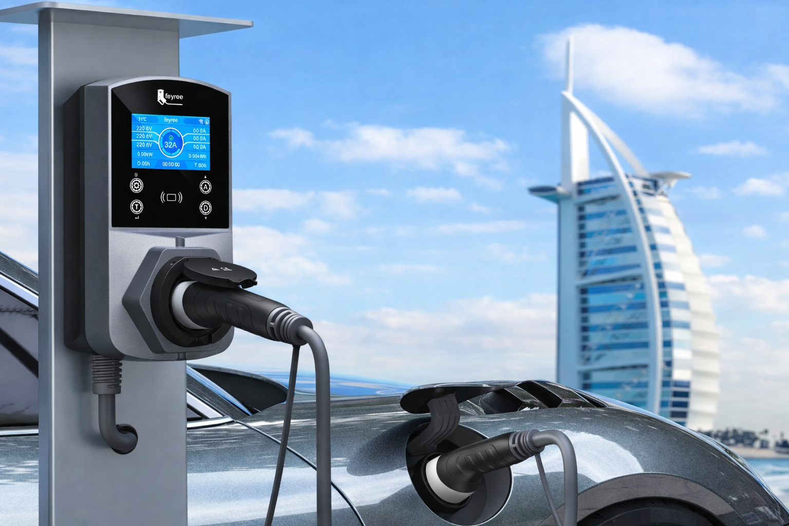Ein Elektroauto, das an einer Ladestation in Dubai geladen wird, mit dem Burj Al Arab im Hintergrund bei klarem Himmel.