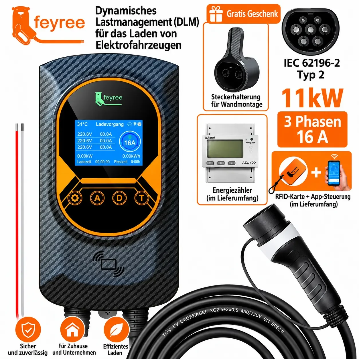 Feyree Wallbox 11kW Typ 2 – 3-Phasen mit App, RFID & DLB Funktion