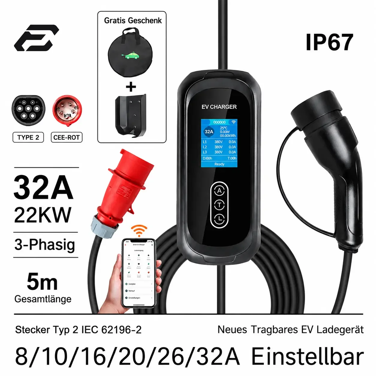 Mobile Wallbox 22 kW Typ 2 – CEE 32A, mit App