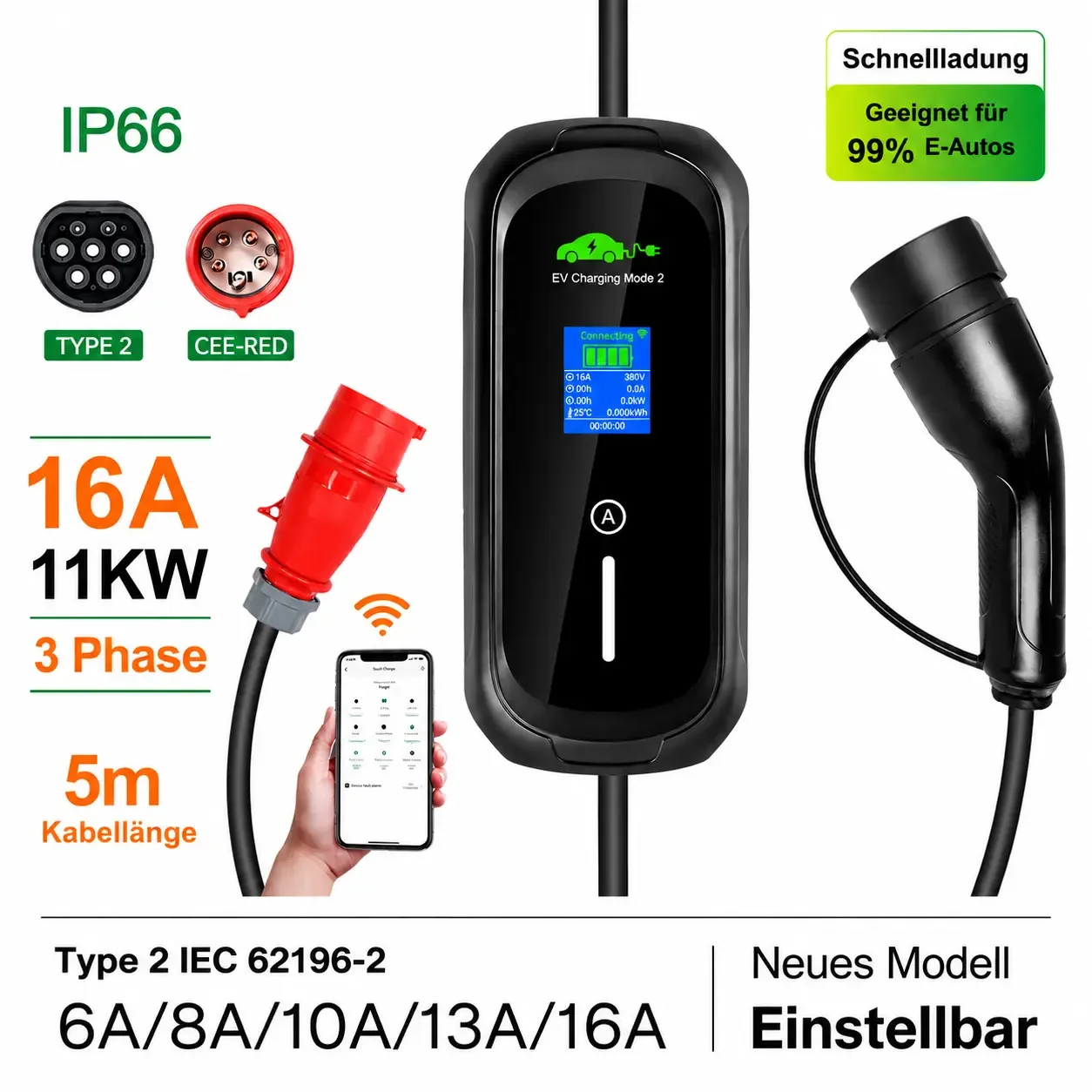Mobile Wallbox 11 kW Typ 2 – CEE 16A, mit App