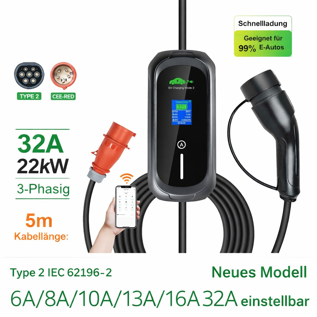 APP F4 – 22 kW Portable EV Charger | 32A | 3-Phasig | Type2 