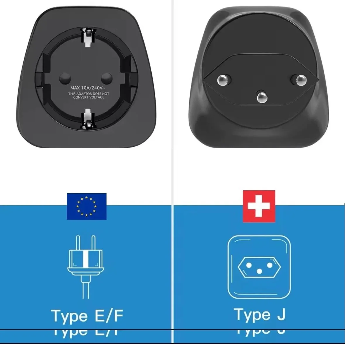 Zwei elektrische Stecker, links ein europäischer Stecker (Typ E/F) mit Symbol, rechts ein schweizerischer Stecker (Typ J) mit Symbol, beide auf einem geteilten Hintergrund mit europäischer und schweizerischer Flagge.