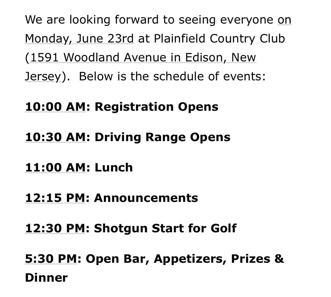 ⛳️ Tomorrow&rsquo;s the day! ⛳

We&rsquo;re excited to share an incredible day with you all! Here&rsquo;s the schedule for the day:

🕙 10AM: Registration
🏌️ 10:30AM: Driving range opens
🥪 11AM: Lunch is served
🏌️&zwj;♀️ 12:30PM: Golf begins
🍸🍽️