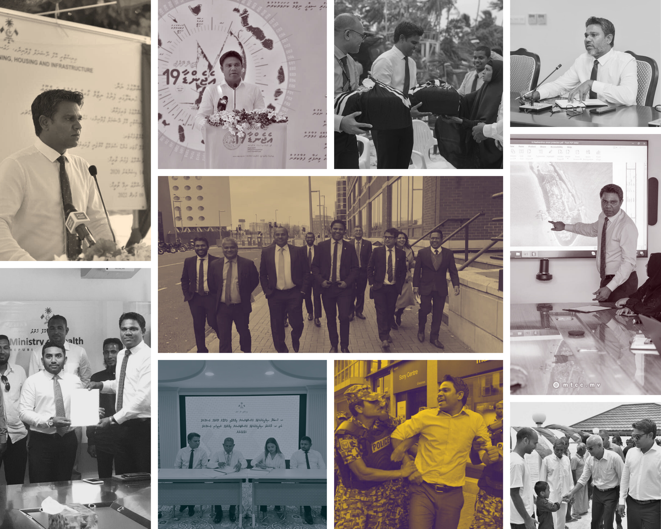 Collage of various scenes showing men in business suits giving speeches, attending meetings, discussing plans, participating in outdoor events, and engaging in community activities.