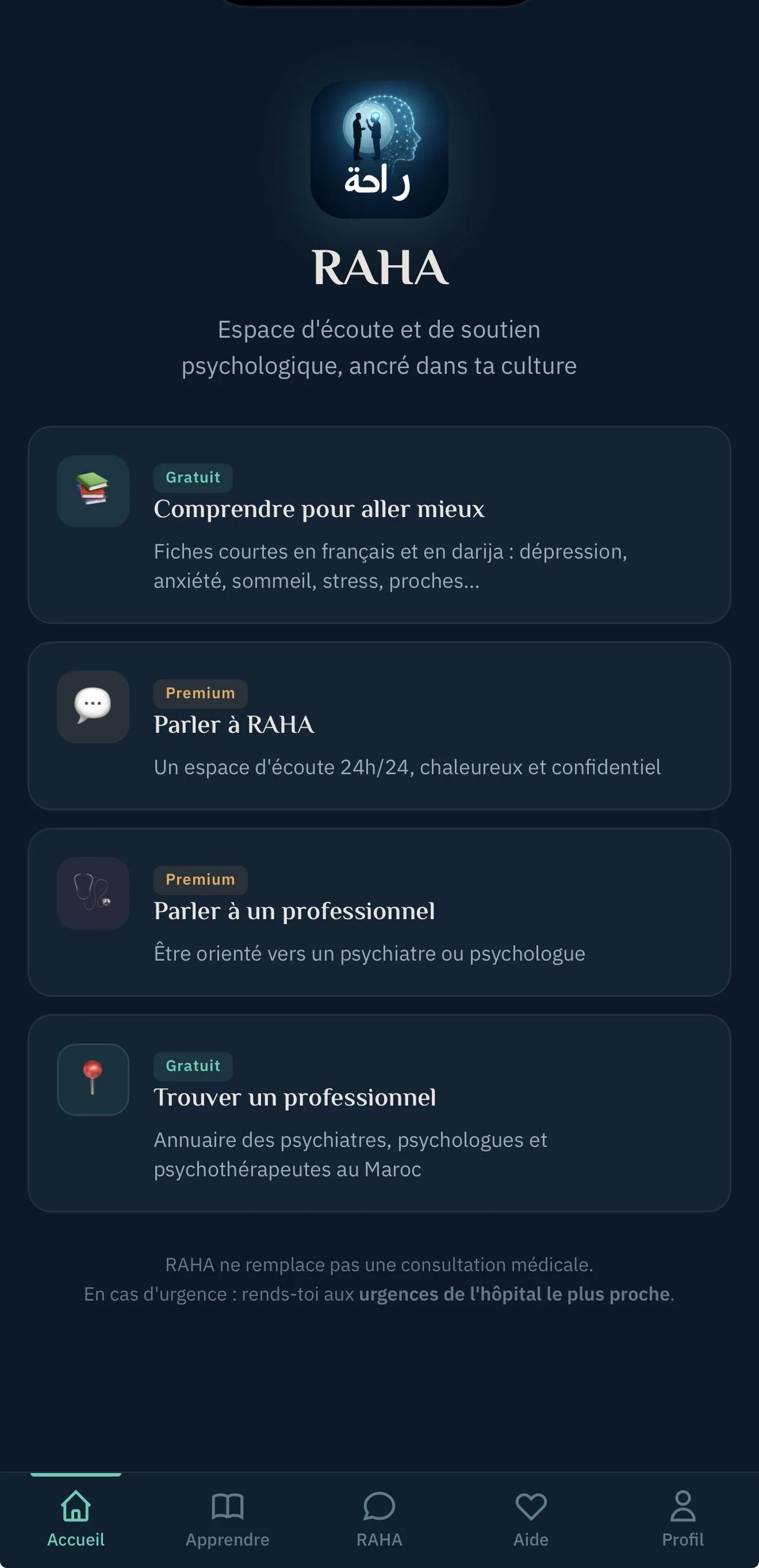 Écran d'accueil de l'application RAHA : fiches gratuites, conversation avec RAHA, orientation vers un professionnel et annuaire