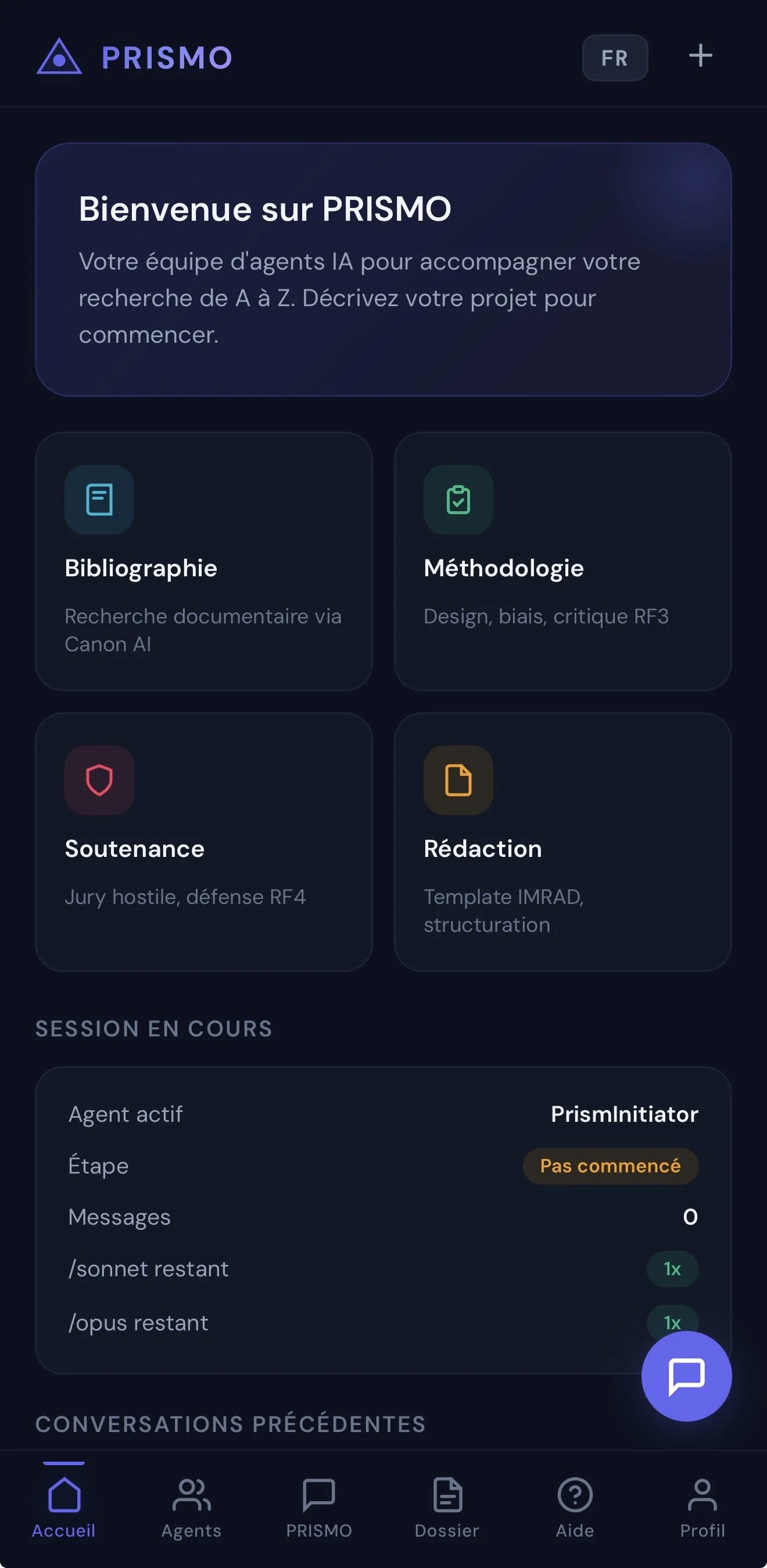 Capture d'écran de l'application PRISMO avec un message de bienvenue, plusieurs options de menu et une section de session en cours, affichant des informations sur un agent actif et l'état de différentes tâches.