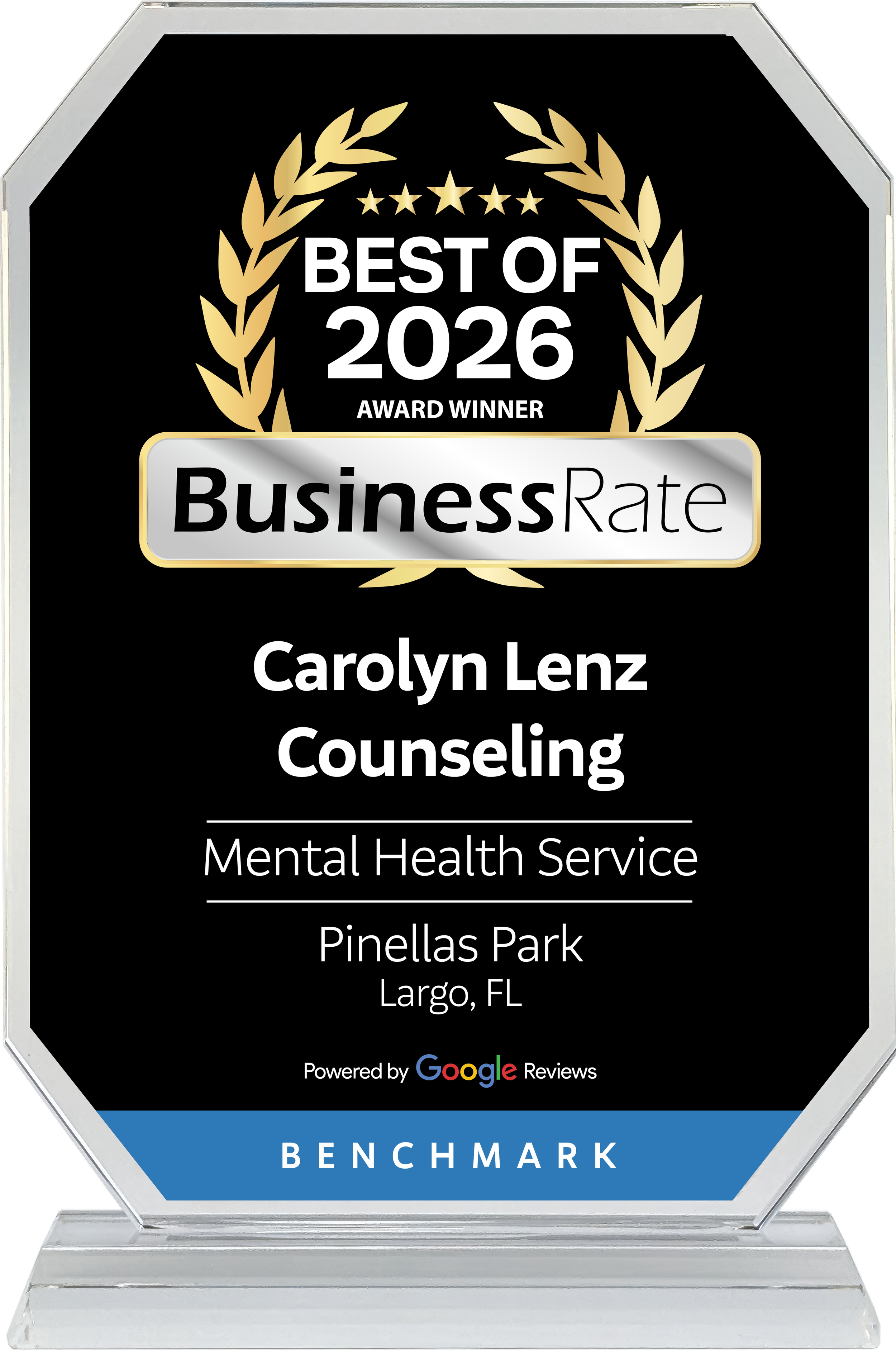 An award plaque with a black background and gold accents. It states "Best of 2026" and recognizes Carolyn Lenz for counseling mental health services in Largo, Florida, powered by Google Reviews, with a blue banner at the bottom that says "Benchmark."