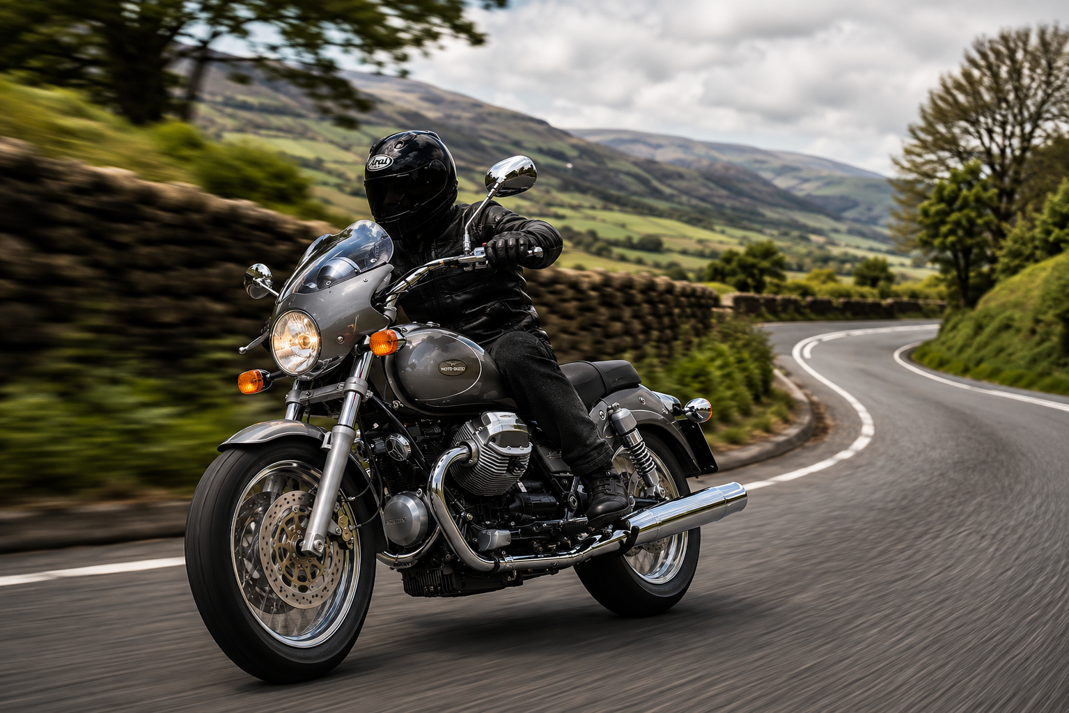 A Moto Guzzi California Titanium on a winding country road, reflecting the DRIVE With Balance element of the Leadership Ride Framework - once in motion, plans give way to reality.