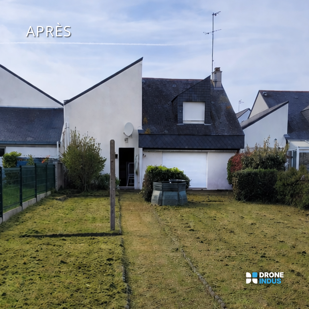 Vieux jardin avec pelouse en cours de nettoyage, maison en arrière-plan, ciel clair, logo Drone Indus en coin inférieur droit, texte 'Après' en haut à gauche.