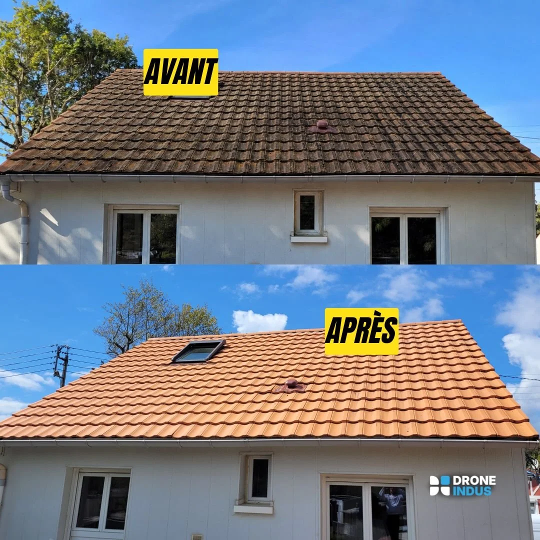 Comparaison entre le toit d'une maison avant et après des travaux de rénovation, montrant une nouvelle toiture en tuiles rouges. La photo est divisée en deux parties avec des étiquettes 'AVANT' en haut et 'APRÈS' en bas.
