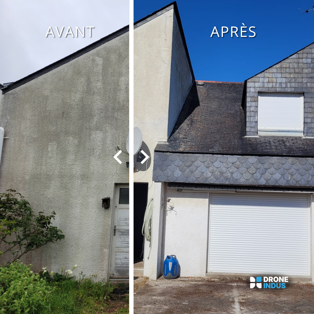 Comparaison entre une façade avant et après rénovation d'une maison : côté gauche, façade avant avec mur sale, surface sale, végétation; côté droit, façade après rénovation, mur propre, toit refait, ciel clair.