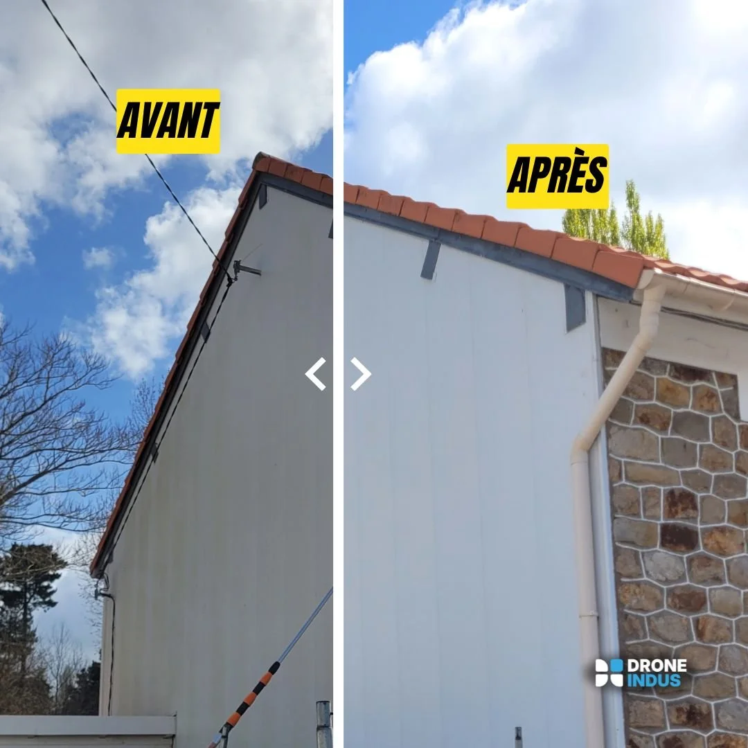 Photo montrant le côté d'une maison avec une pige de nettoyage sur la partie gauche, illustrant un nettoyage avant, et une façade propre après, côté droit. Le texte en jaune 'AVANT' et 'APRÈS' indique la différence de propreté.