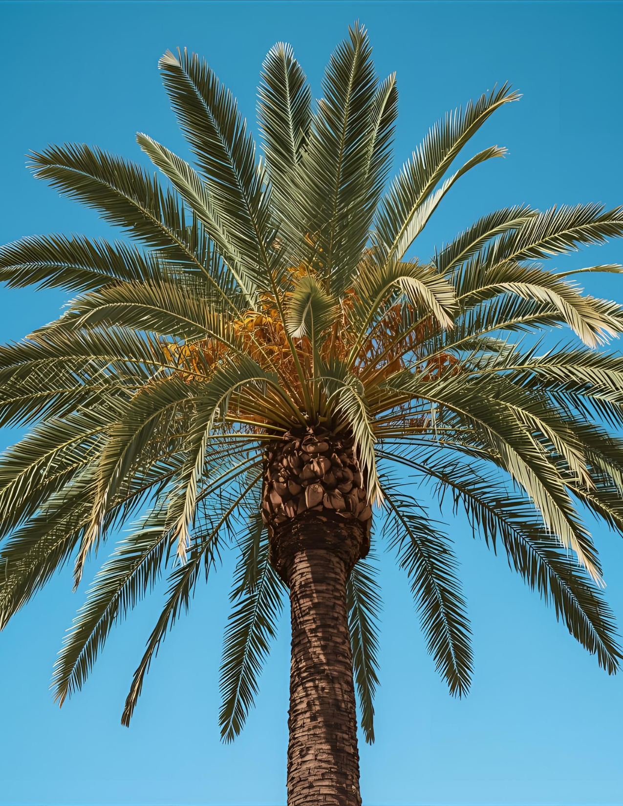 A tall palm tree with a thick, textured trunk and green fronds, set against a clear blue sky.