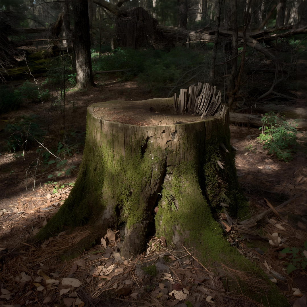 A moss-covered tree stump in a forest with sunlight filtering through trees.