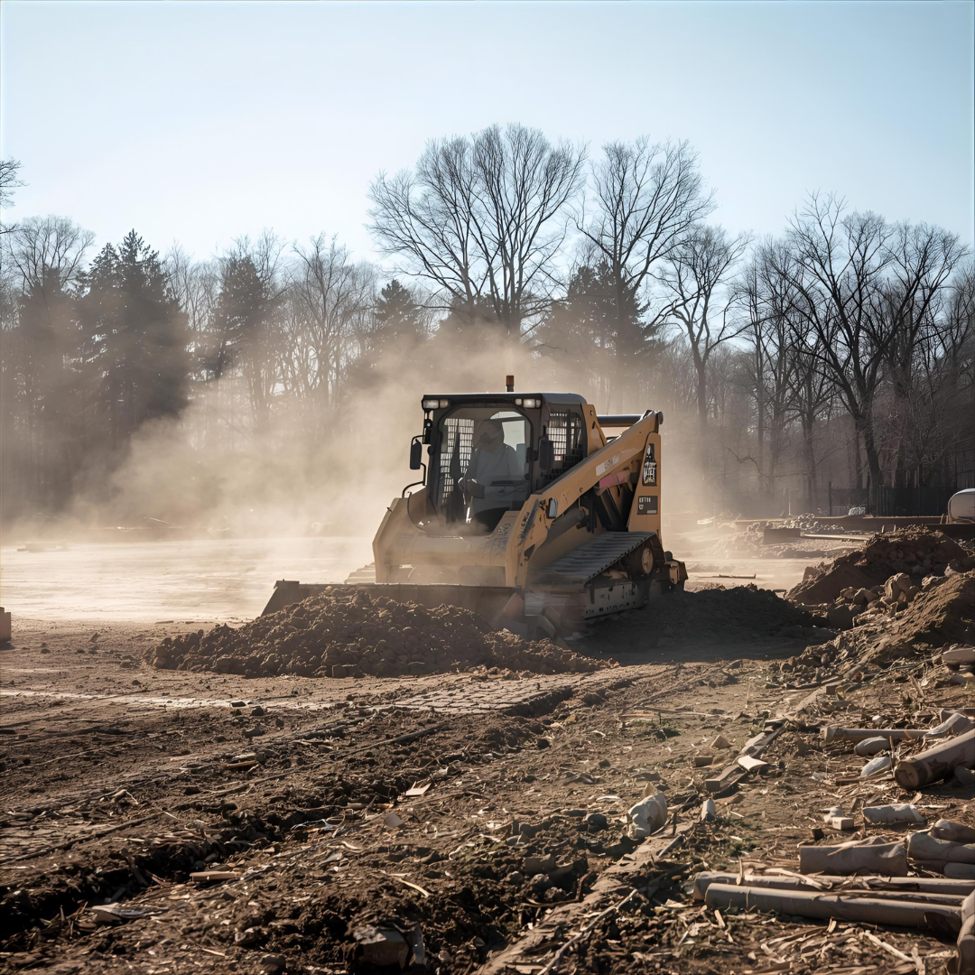 A construction worker operating a mini bulldozer on a dirt lot with scattered debris and pipes, surrounded by leafless trees in the background, under a clear sky.