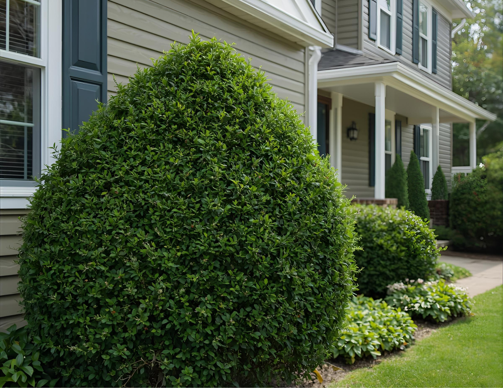 Front yard of a house with shrubs and plants, including a large rounded bush in the foreground, and a small garden with additional shrubs along a sidewalk.