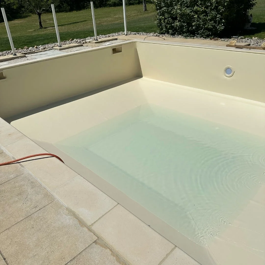 Piscine vide, avec un fond blanc, entourée de pavés et de verre de protection, dans un jardin avec herbe et arbustes.