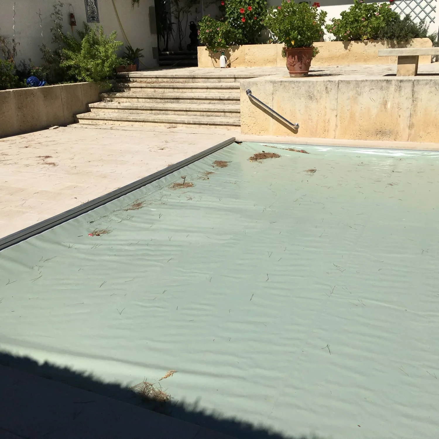Piscine recouverte d'une bâche avec des feuilles et des débris, entourée de marches en pierre et de plantes en pot dans une cour extérieure.