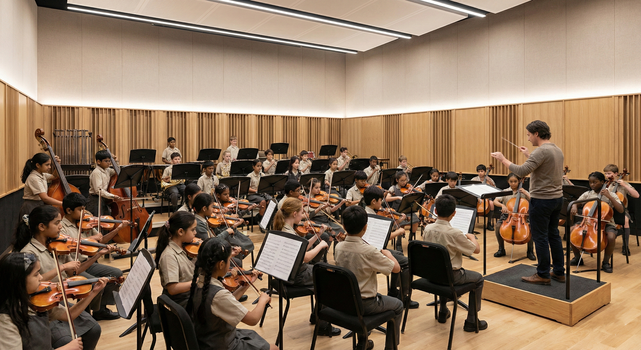A youth orchestra practicing in a concert hall with a conductor leading them.