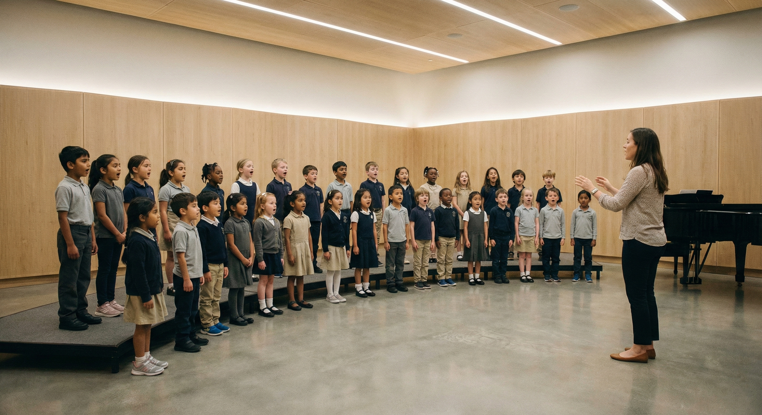A teacher conducts a children's choir practicing in a spacious, well-lit room with wooden walls and a grey floor.