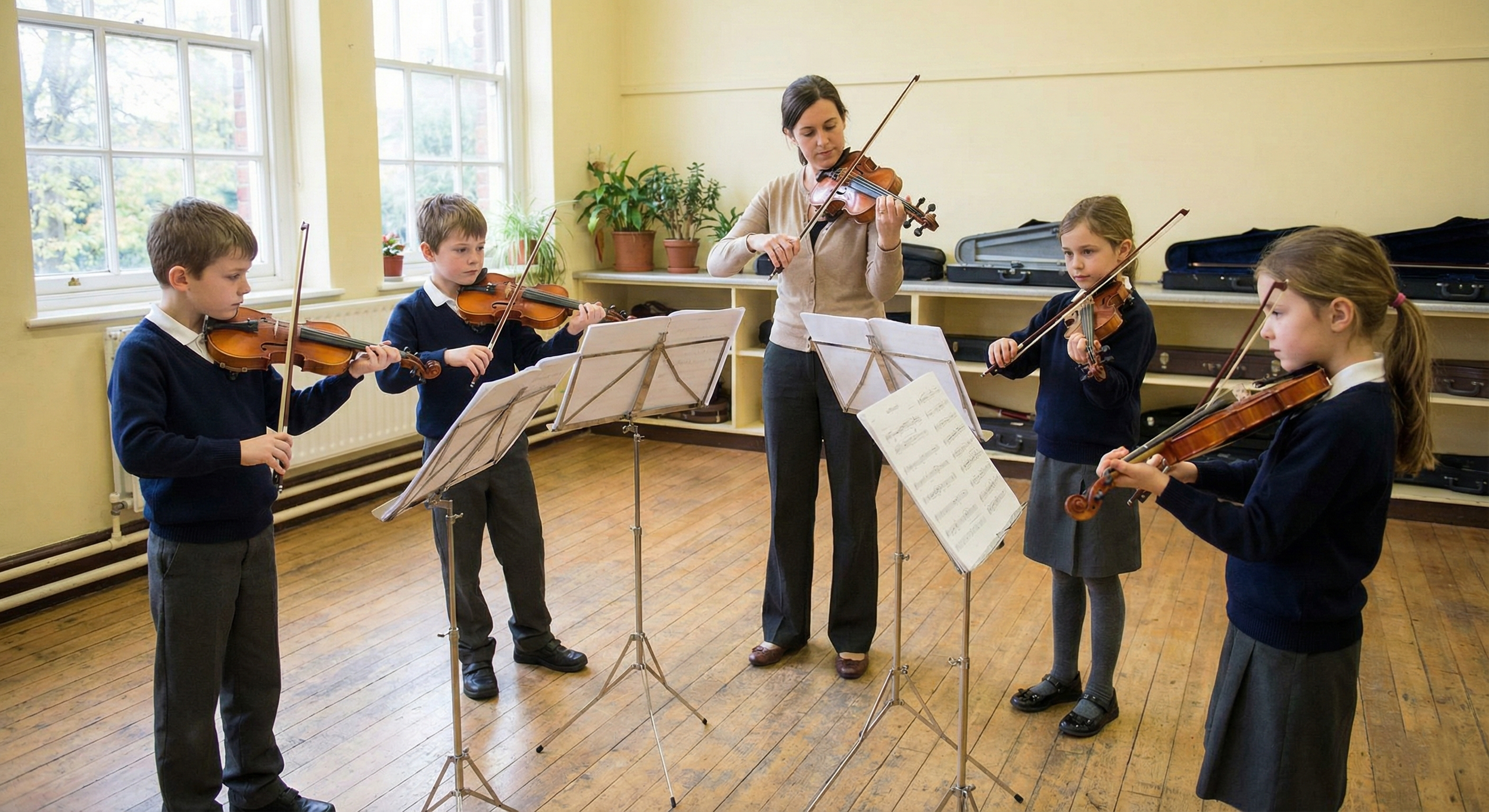 Children practicing violin in a classroom with a teacher.
