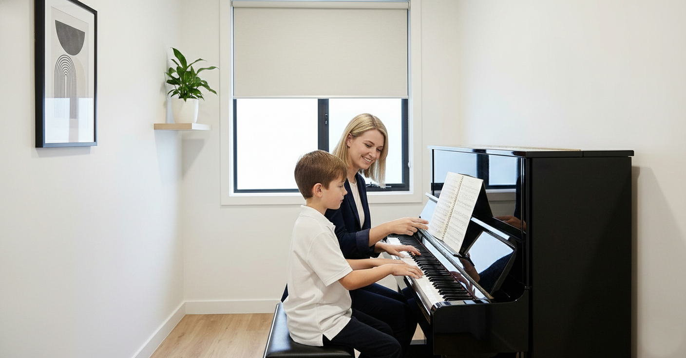 A woman and young boy practicing piano together in a bright, minimalistic room with white walls, a window with a blind, a framed abstract artwork, and a potted plant.