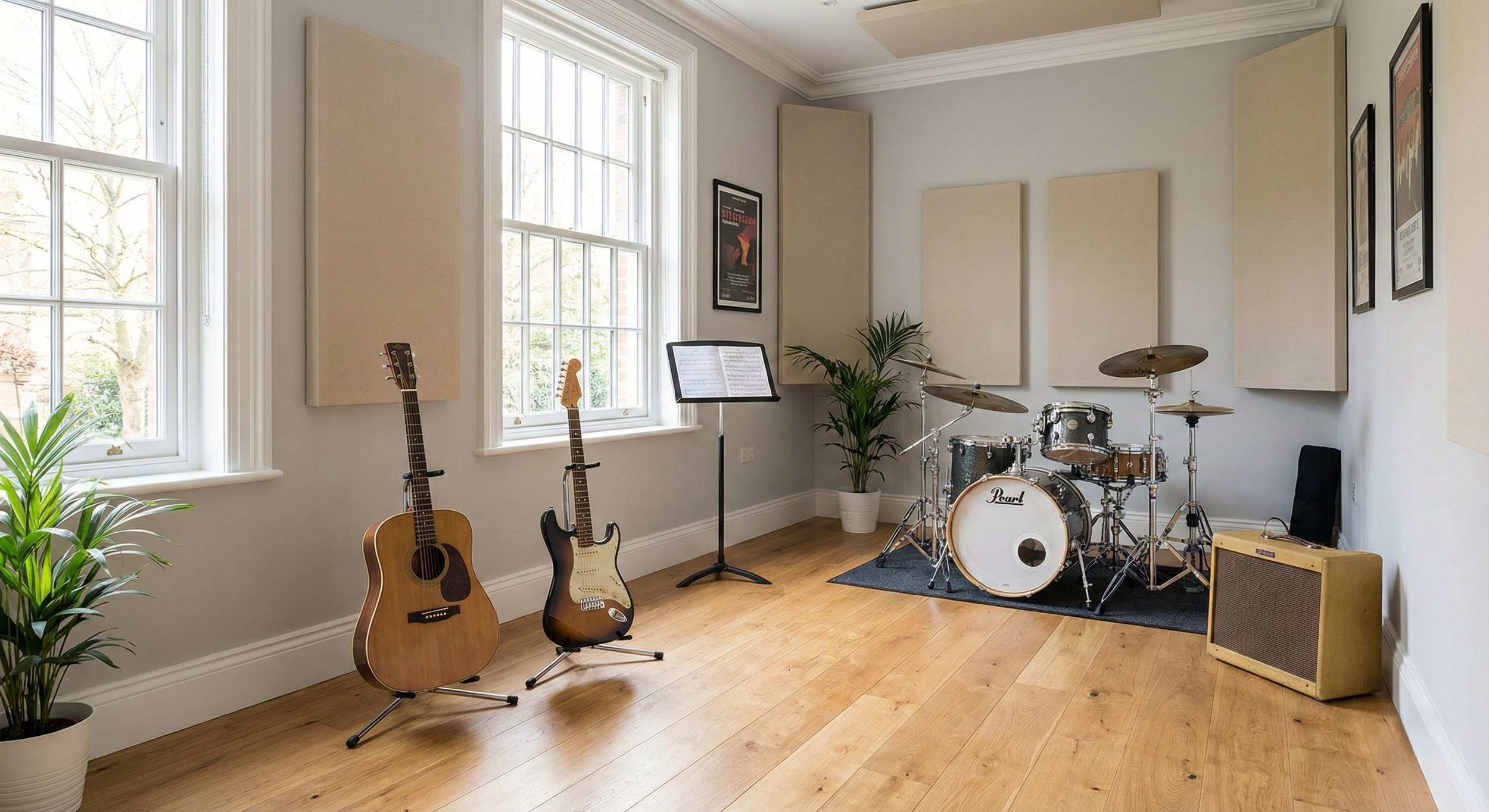Music studio with acoustic foam panels on white walls, two guitars on stands, a music stand with sheet music, a drum set, framed posters, and potted plants, with large windows letting in natural light.