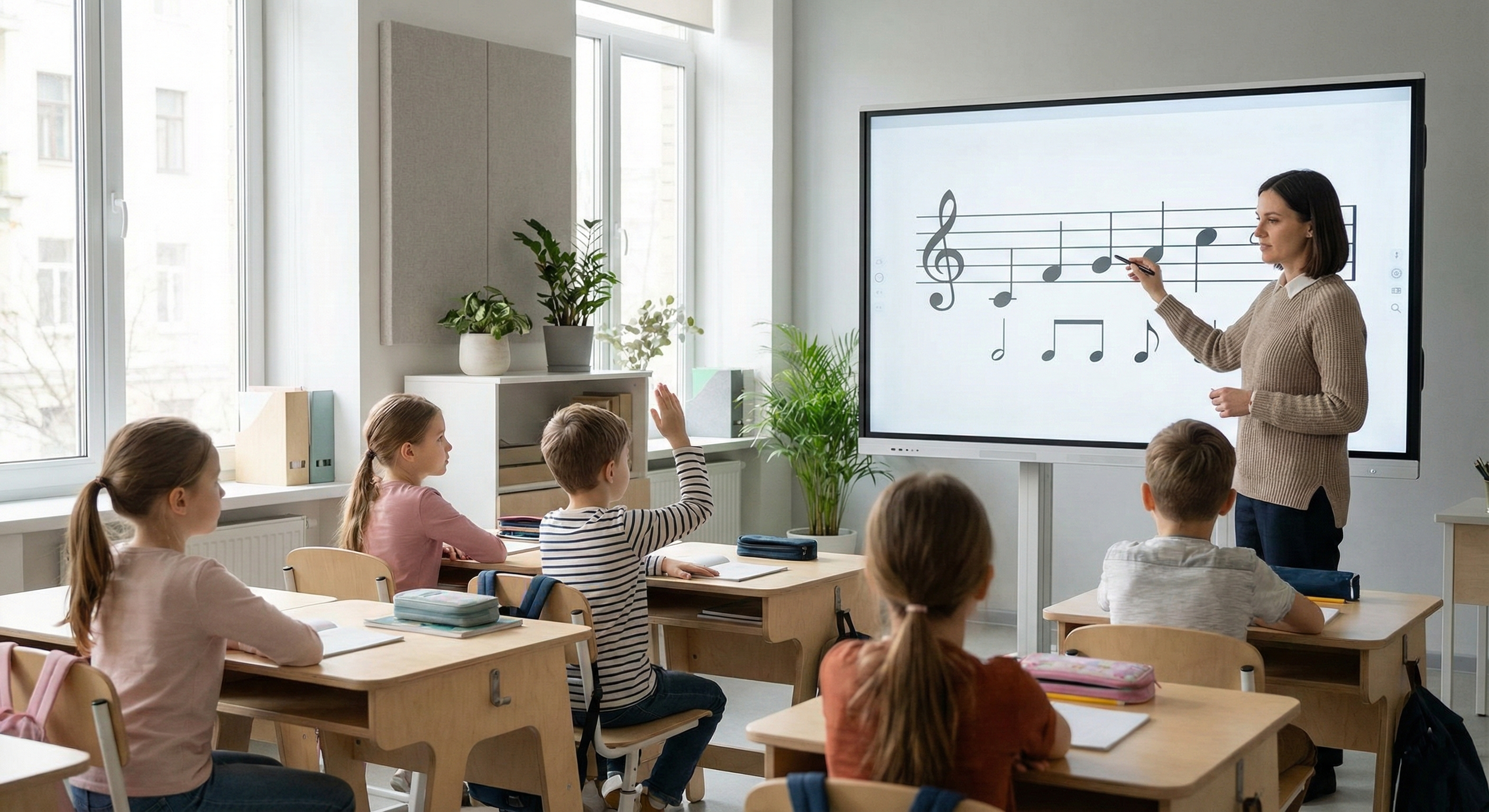 A music classroom with children sitting at desks, one student raising hand, teacher at interactive whiteboard displaying musical notes.
