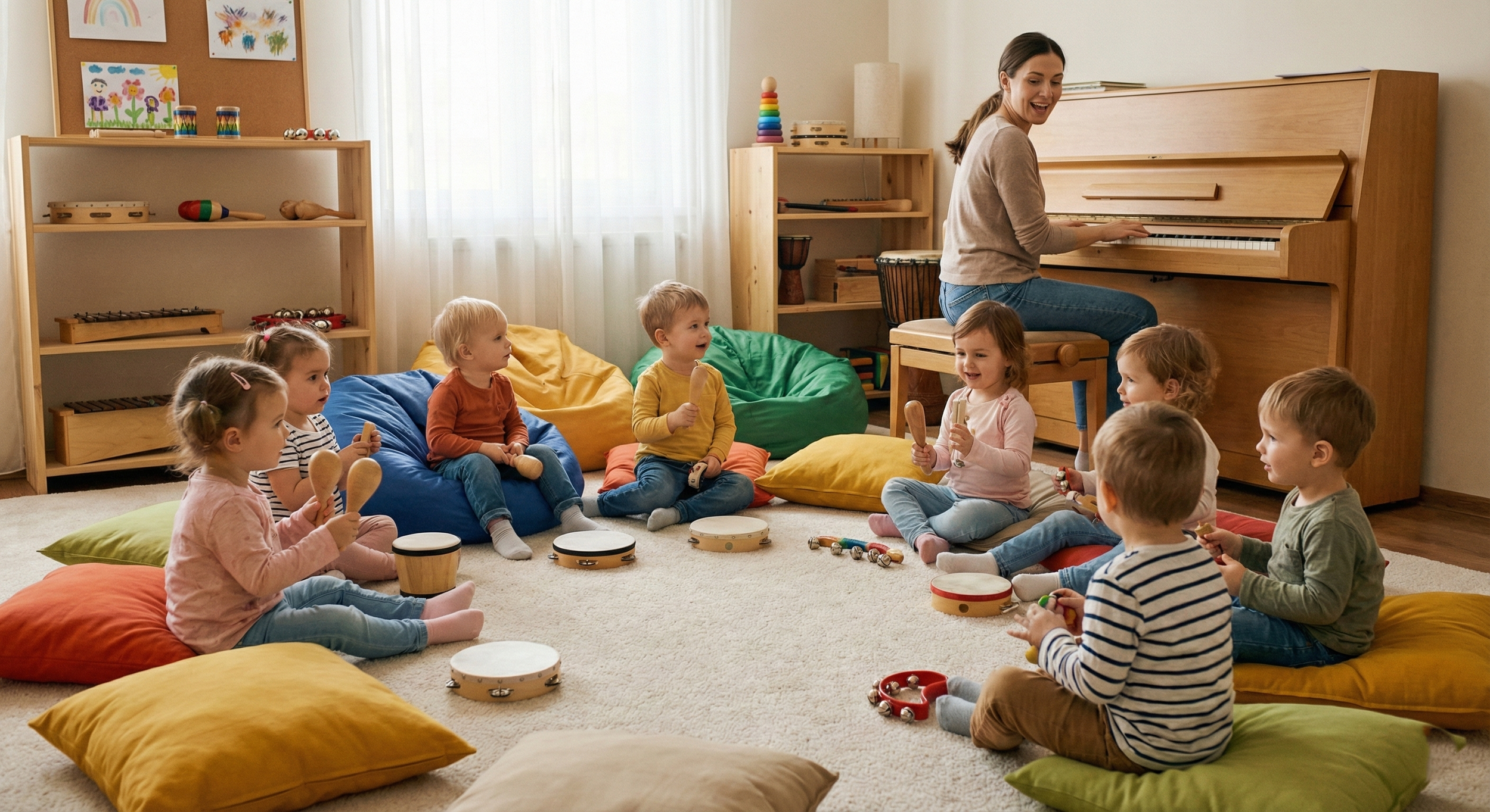 A woman playing piano while eight children sit on colorful cushions, holding musical instruments, in a bright classroom or playroom.