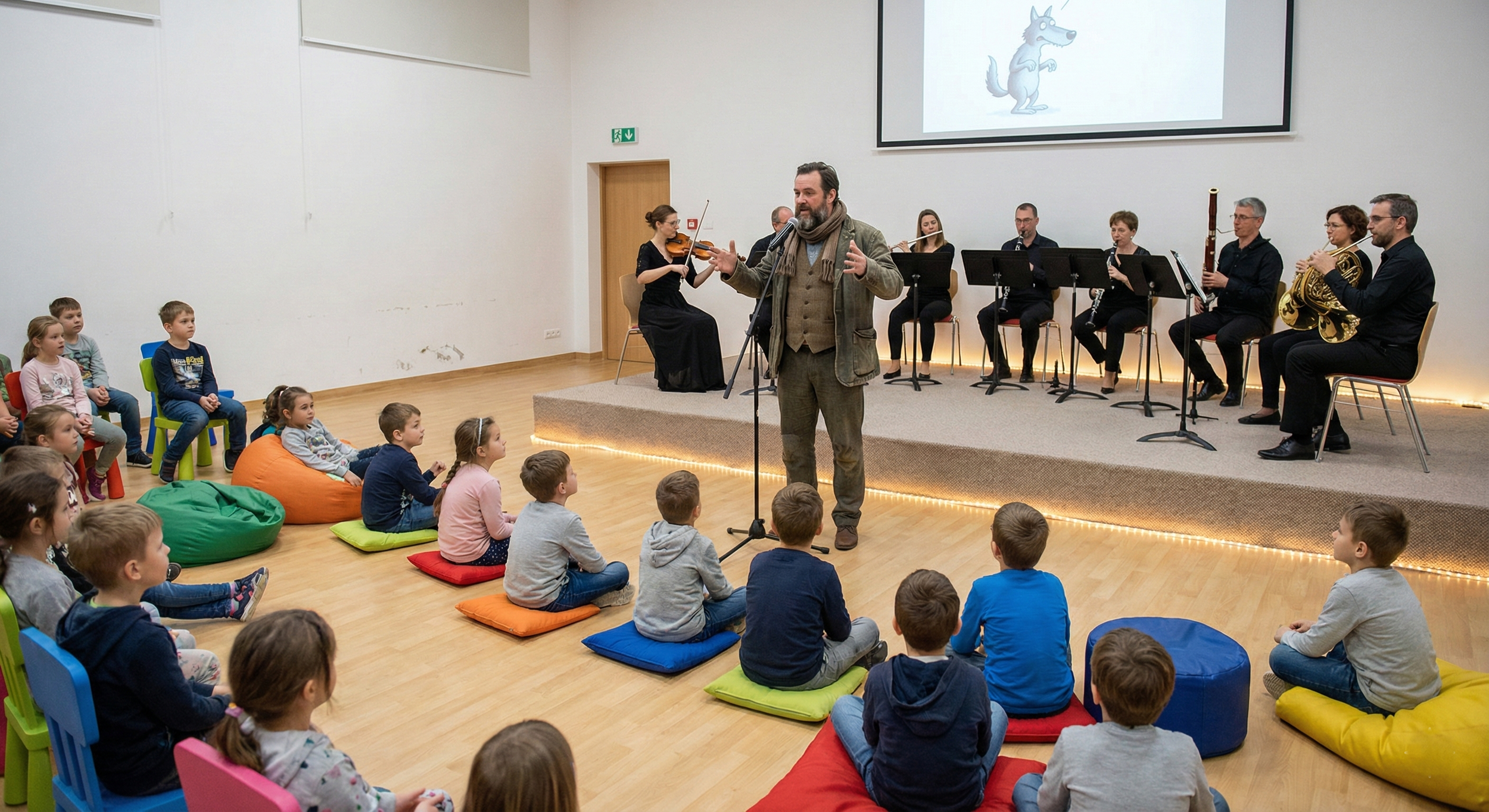 A man speaking into a microphone presenting to children seated on colorful cushions and chairs, with a seated orchestra of six musicians playing string, woodwind, and brass instruments on a stage in the background. A large screen behind the orchestra displays a cartoon wolf.