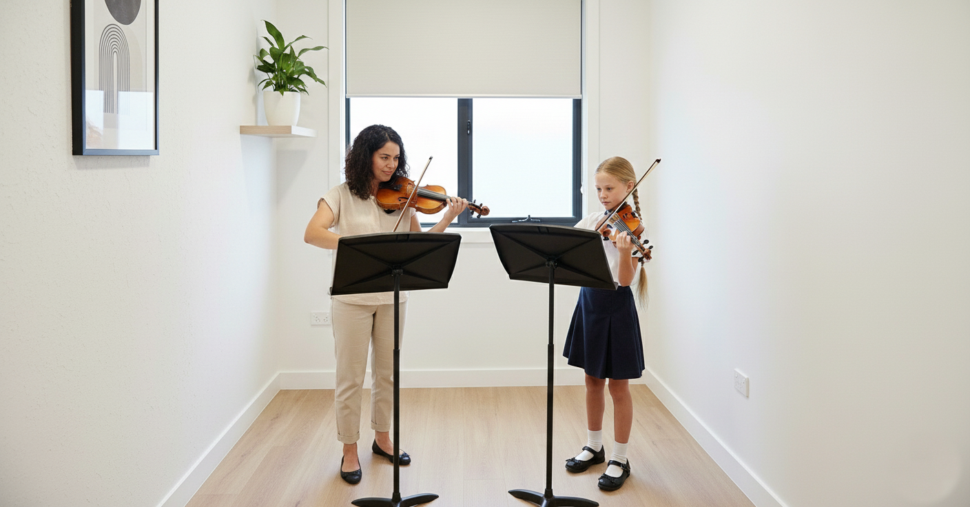 An adult woman and a young girl are practicing violin in a well-lit room with white walls, a window with blinds, and a framed artwork on the wall.