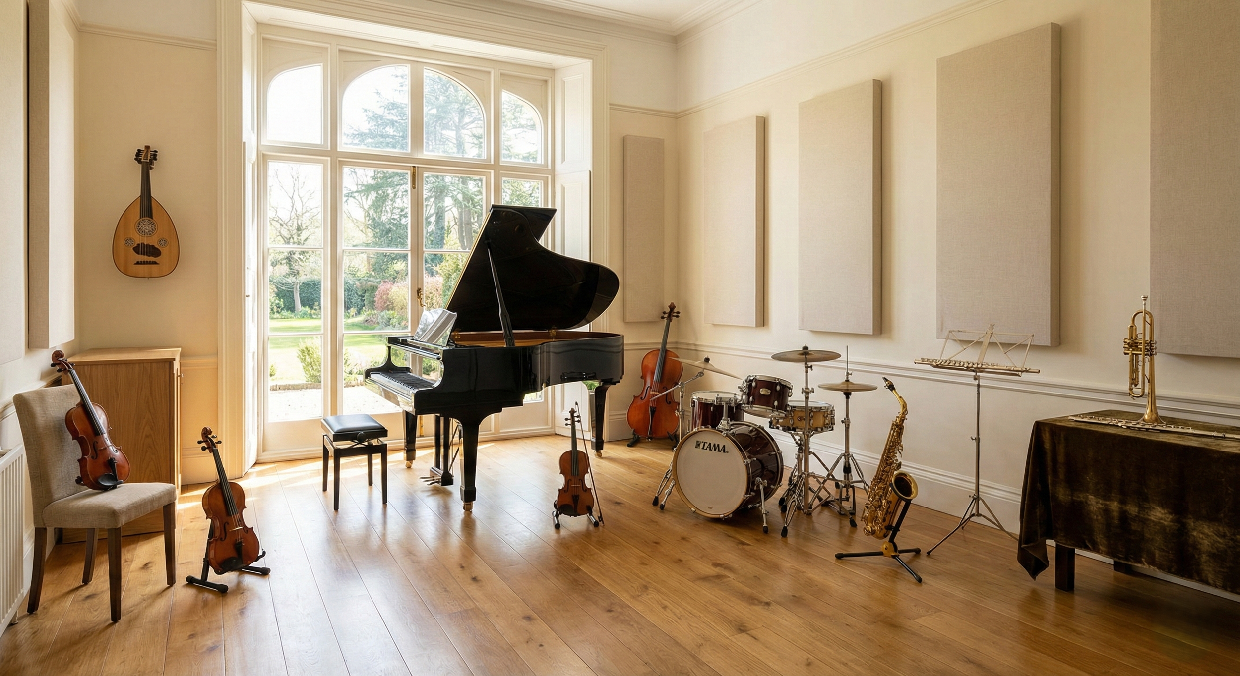 Music room with a grand piano, violins, drum set, saxophone, and a trumpet, all arranged near a large window overlooking a garden.
